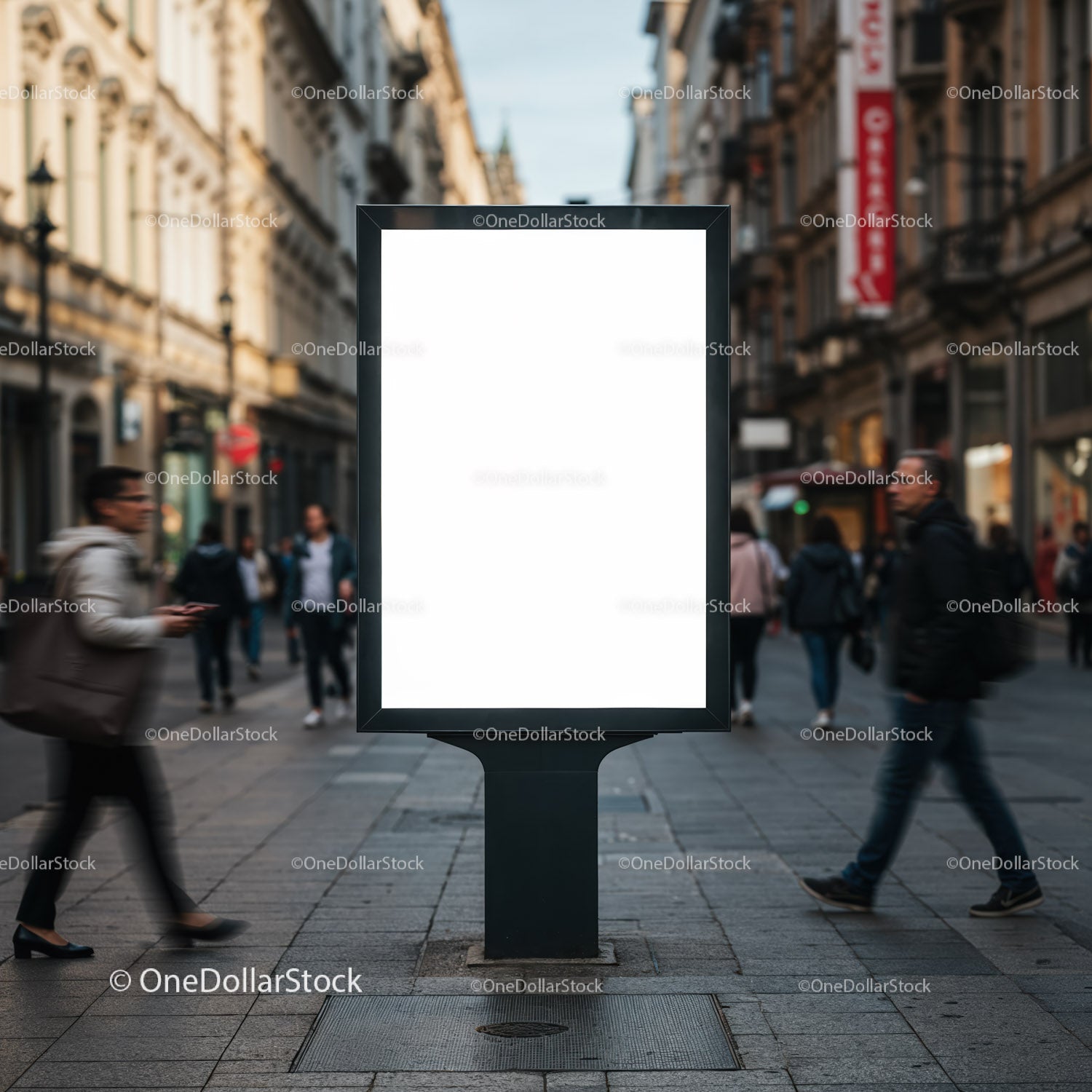 Blank advertising board on busy urban shopping street