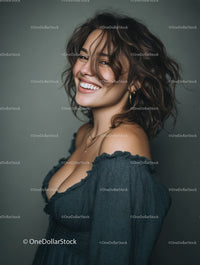 Confident Smiling Woman in Elegant Blue Dress with Short Wavy Hair