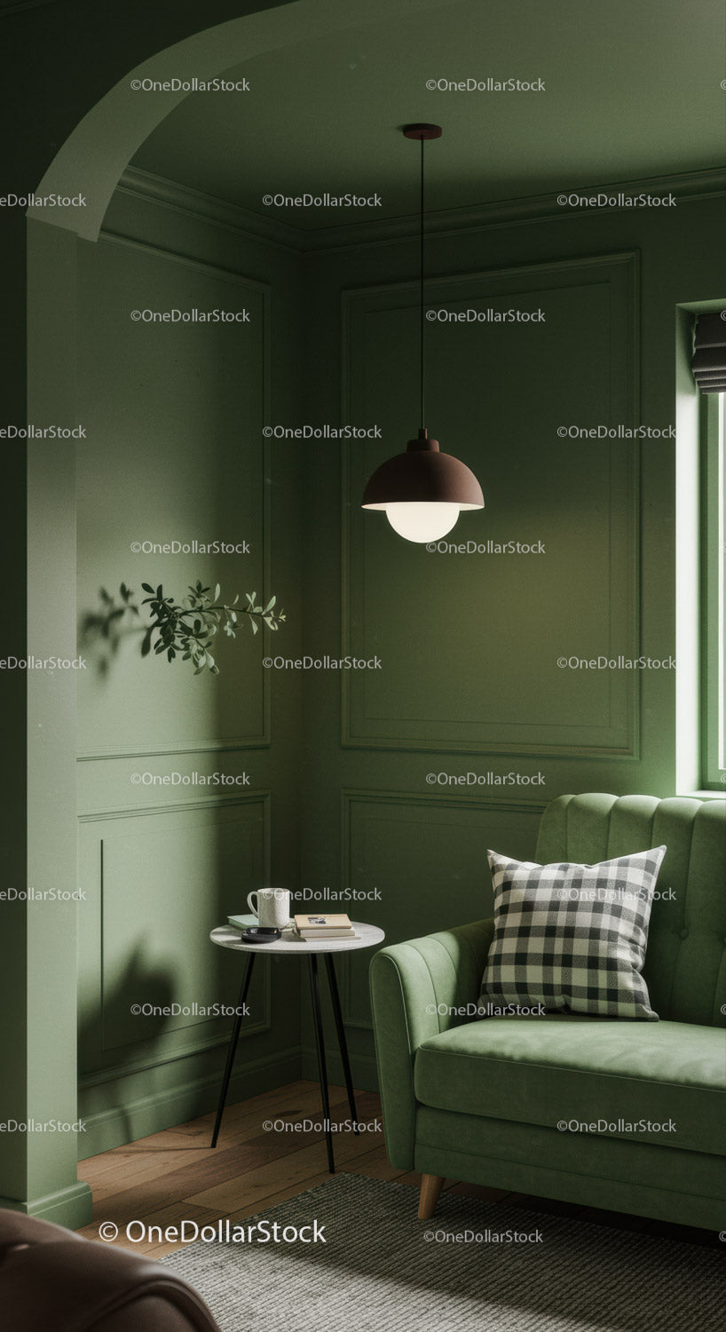 Green Wall Living Room with Armchair and Coffee Table Interior