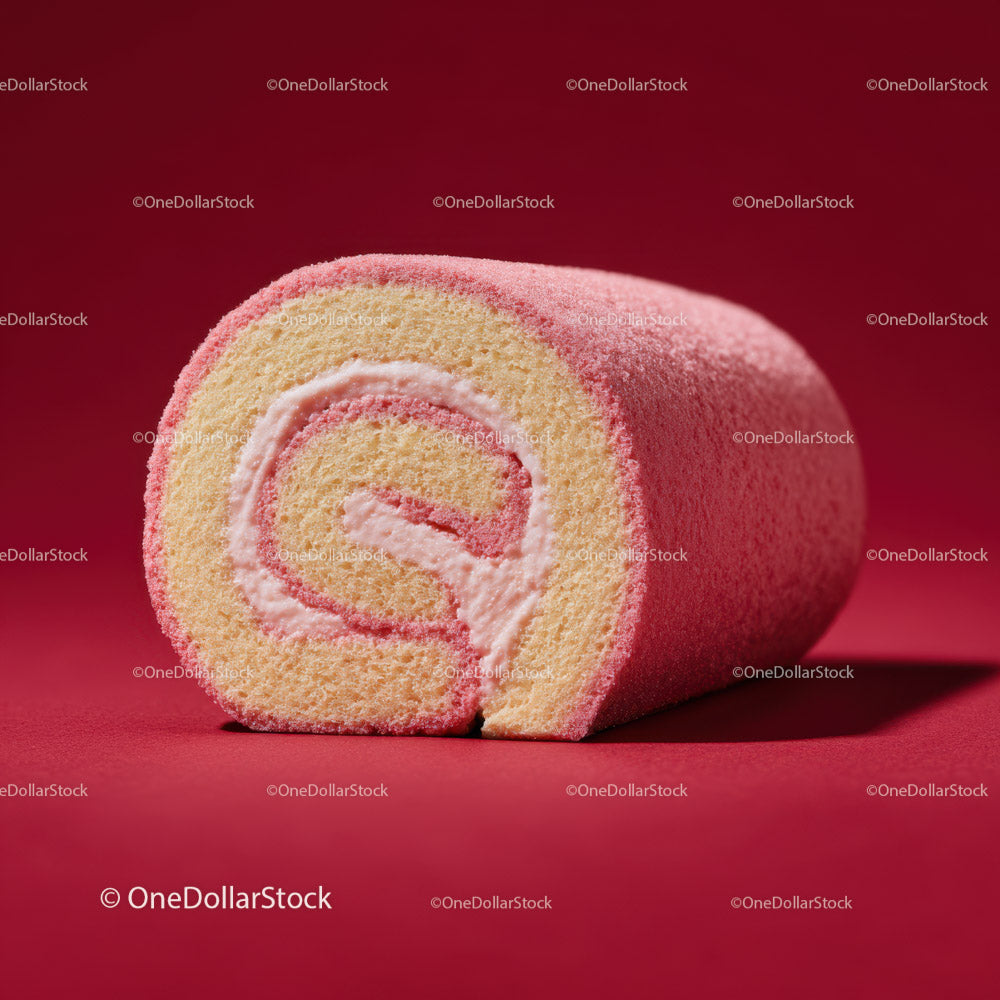 Pink Velvet Cake Roll with Cream Filling in Bright Red Background