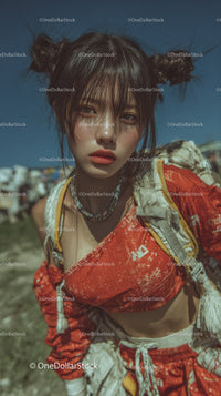 Young Woman in Red Jacket with Edgy Hair in Outdoor Urban Setting