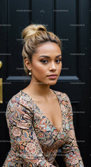 Elegant young woman with blonde hair in patterned dress