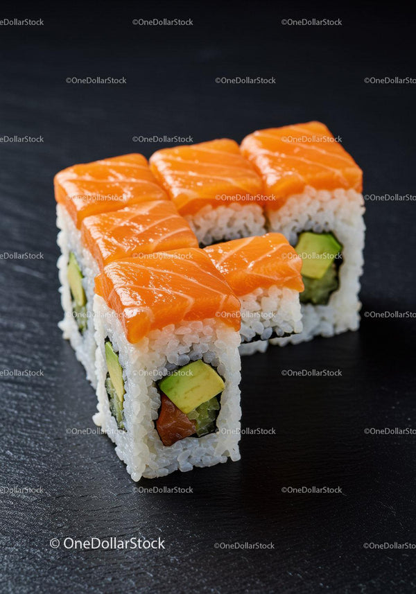 Fresh Salmon Avocado Sushi Rolls on Black Slate