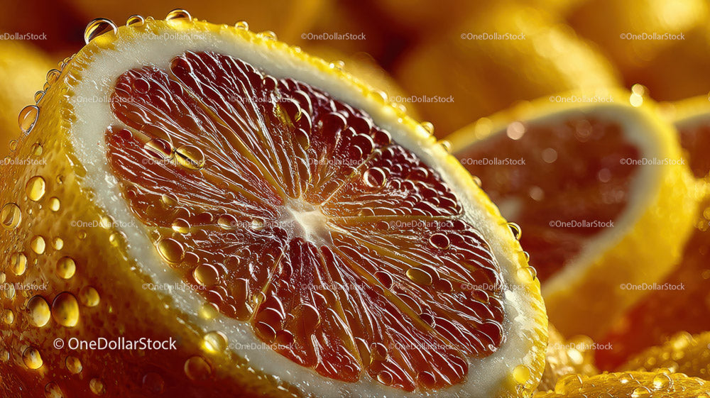 Close-Up of Juicy Red Grapefruit Slices with Water Droplets