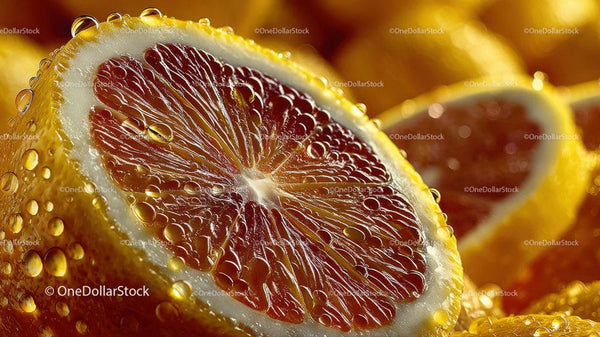 Close-Up of Juicy Red Grapefruit Slices with Water Droplets