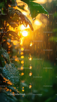 Close-Up of Dewy Green Leaves with Rain in Warm Sunset Light