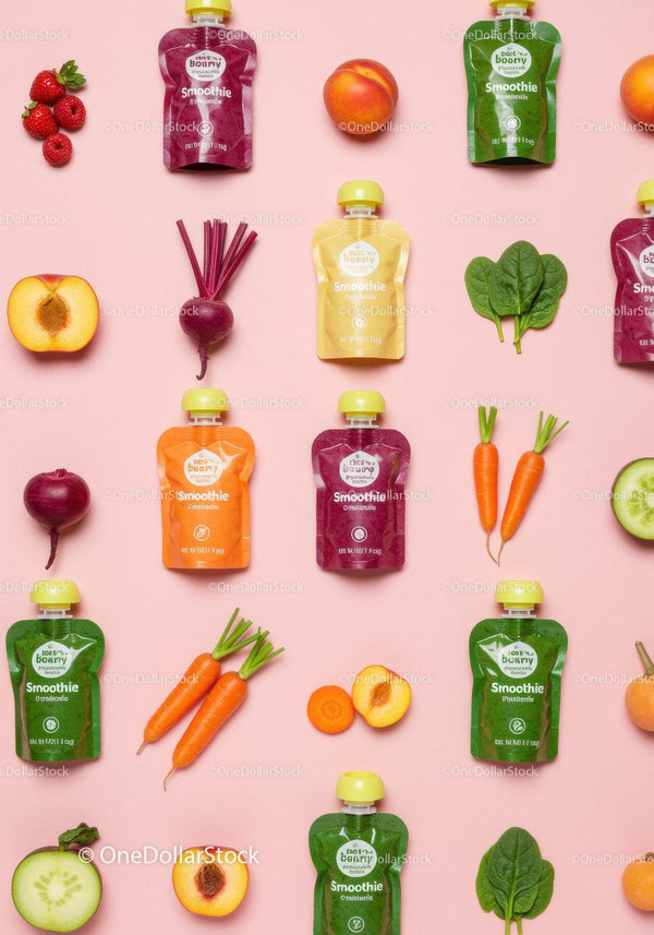 Colorful smoothie pouches with fresh fruits and vegetables