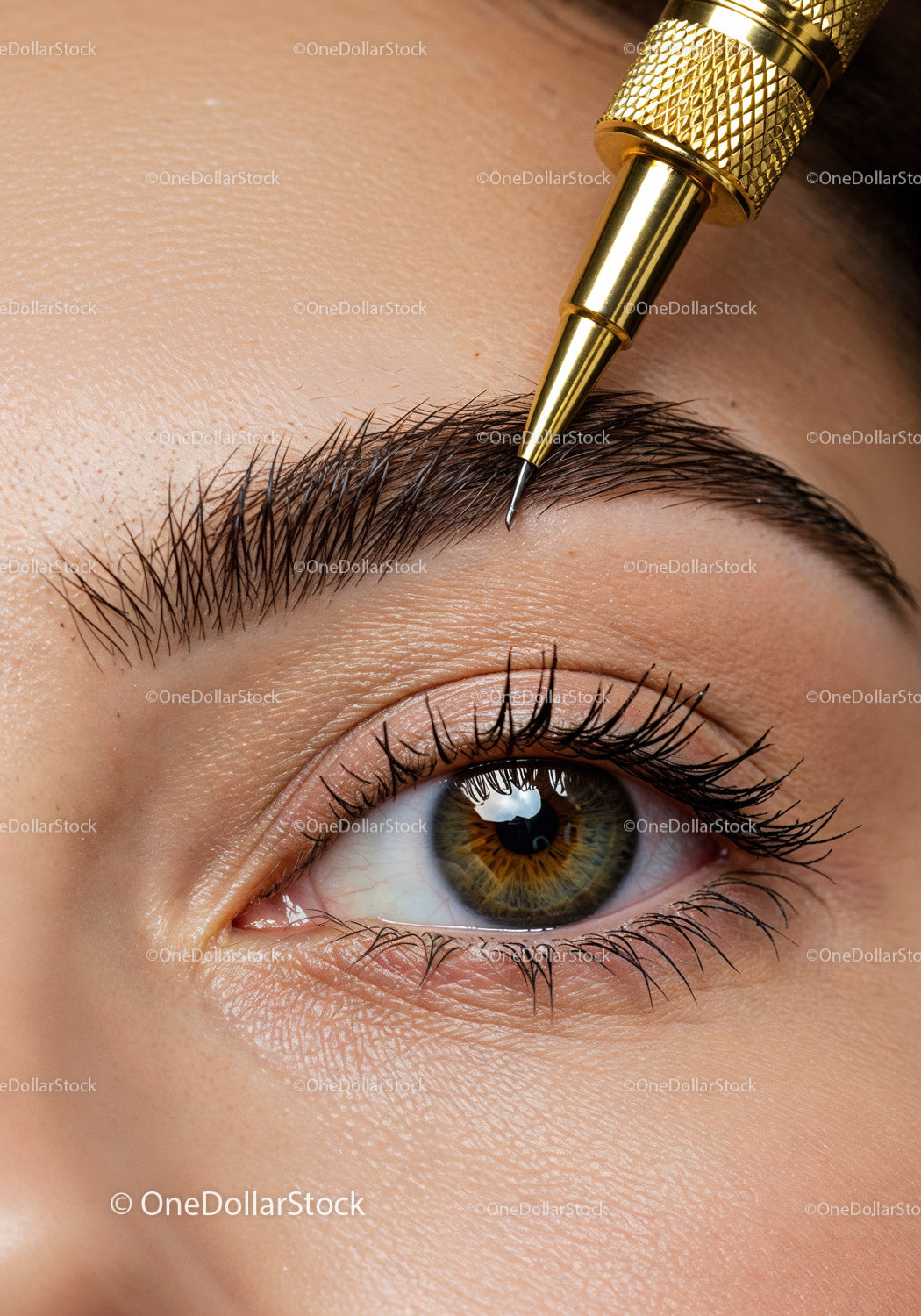 Close-up of Microblading Procedure on Natural Eyebrows with Gold Pen