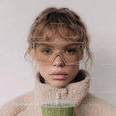 Young Woman With Curly Hair Wearing Glasses Holding Green Smoothie