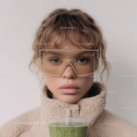 Young Woman With Curly Hair Wearing Glasses Holding Green Smoothie