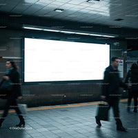 Busy commuters passing empty billboard in subway station