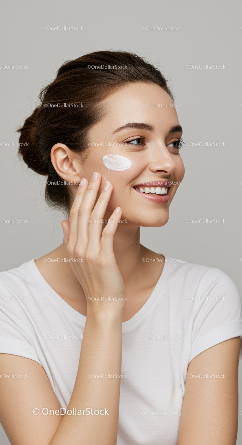 Young Woman Applying Cream for Healthy Glowing Skin