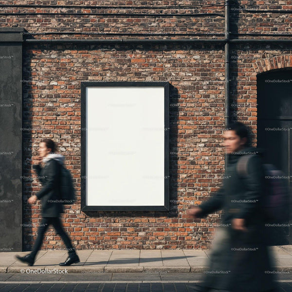 Urban Street Scene with Blank Billboard on Brick Wall JPG Mockup Image