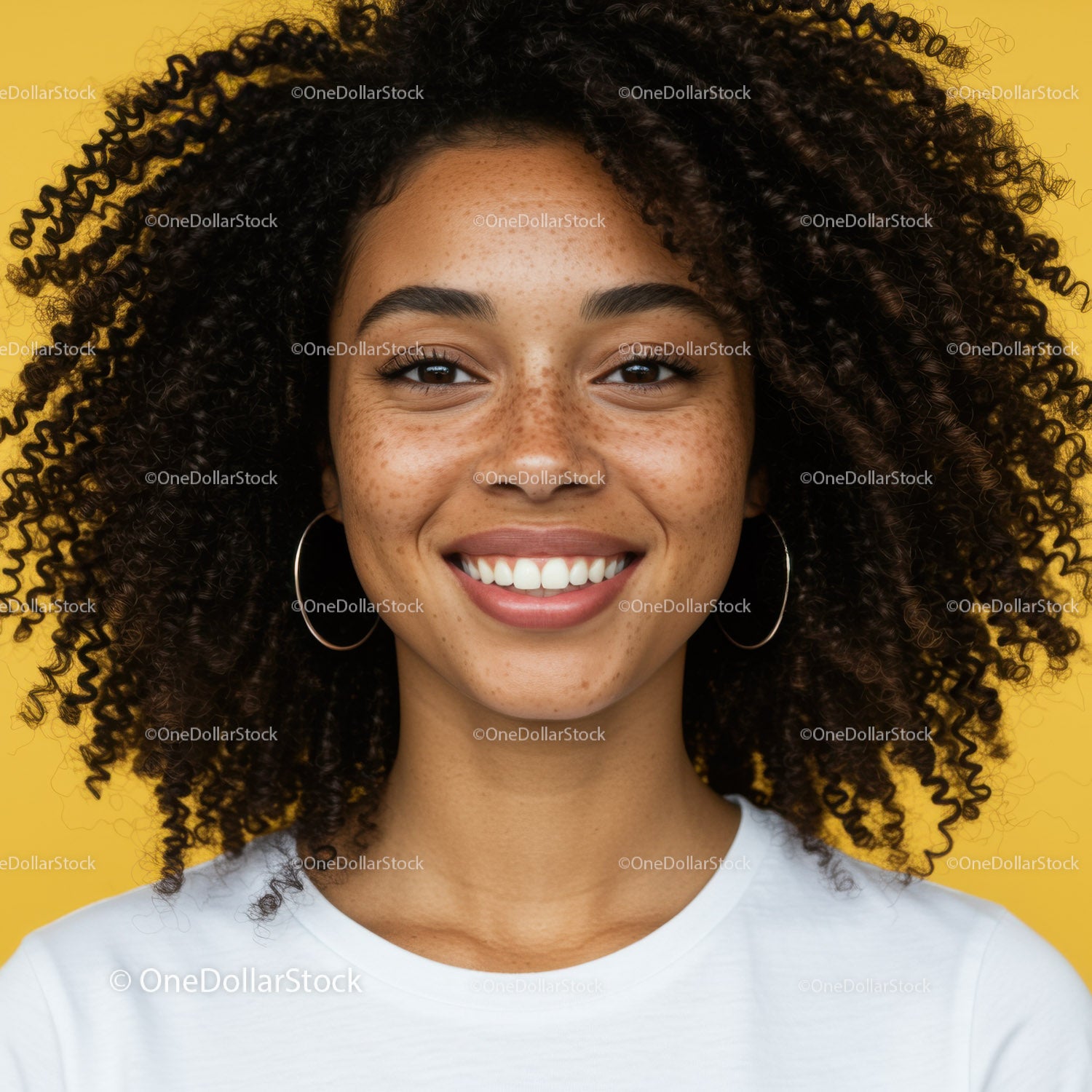 Young Woman with Curly Hair and Bright Smile in Casual Style