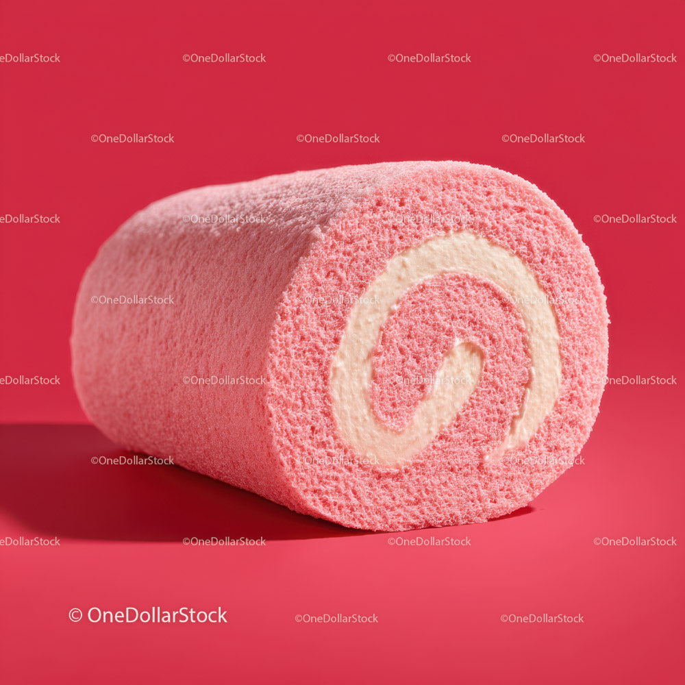 Pink Velvet Cake Roll with Cream Filling in Bright Red Background
