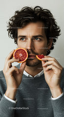 Portrait of a Young Man with Curly Hair Holding a Blood Orange Slice