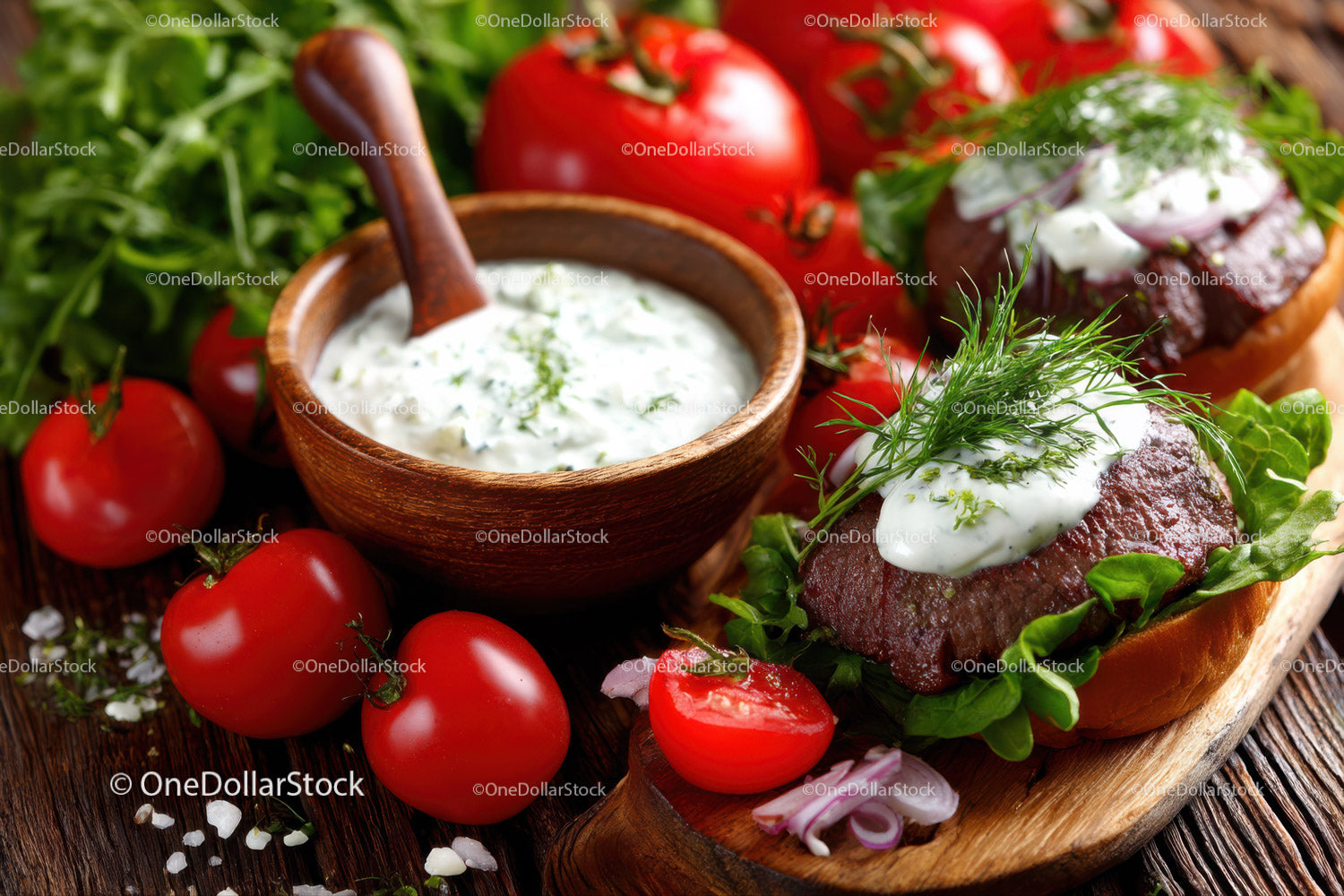 Fresh Cherry Tomatoes and Grilled Beef Steaks with Herb Sauce on Rustic Board