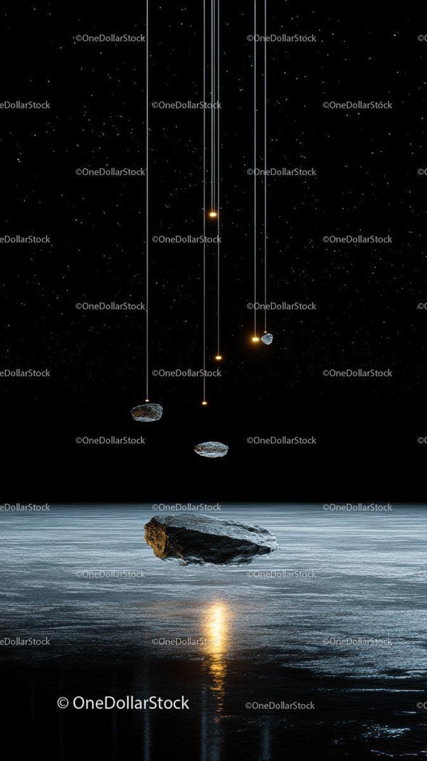 Spadające asteroidy z gwiaździstego nocnego nieba nad oceanem z kosmicznym impaktem