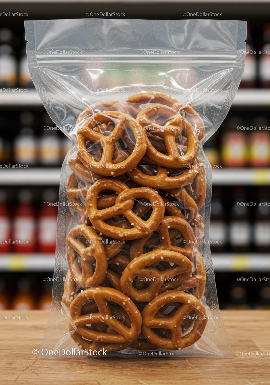 Bag of salted pretzels on wooden counter in store