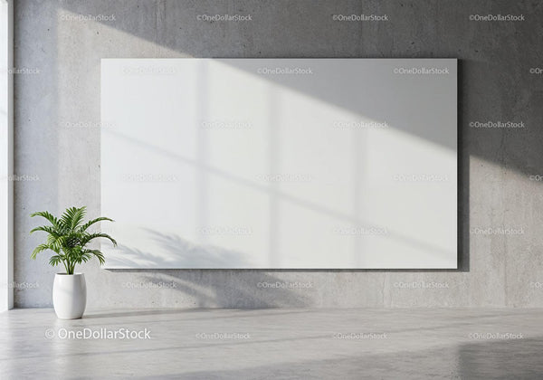 Bright Minimalist Room with Large Blank Canvas and Plant JPG Mockup Image