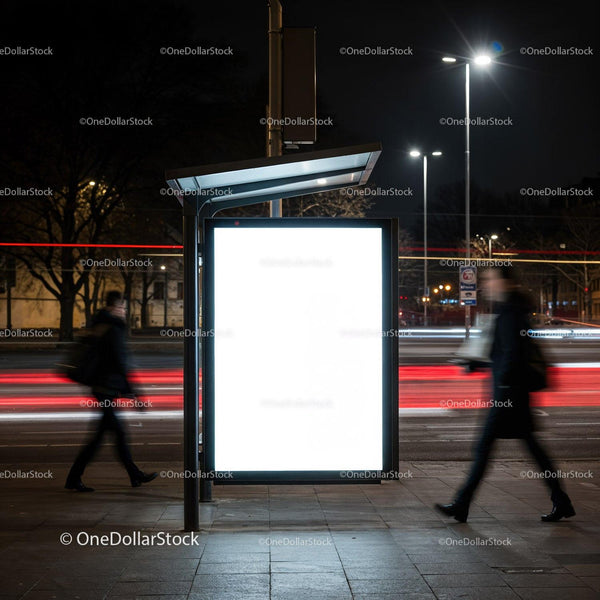 Empty illuminated urban bus stop sign at night JPG Mockup Image