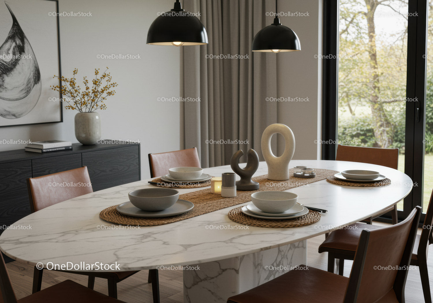 Modern Dining Room with Marble Table and Minimalist Decor