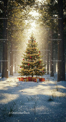 Festive Christmas Tree with Gifts in Snowy Forest