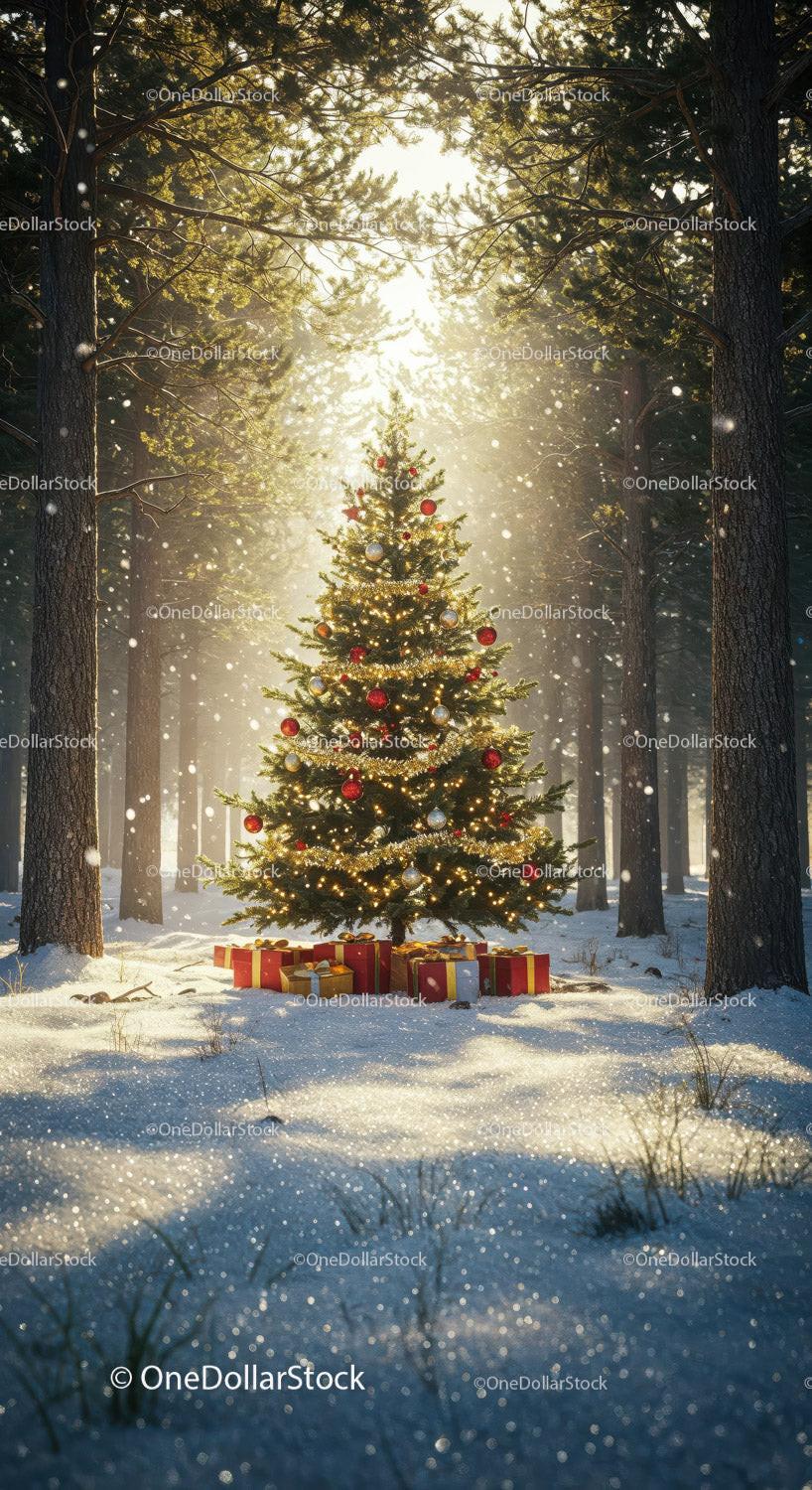 Festive Christmas Tree with Gifts in Snowy Forest