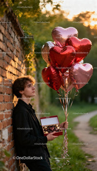 Young man with heart balloons and chocolates at sunset