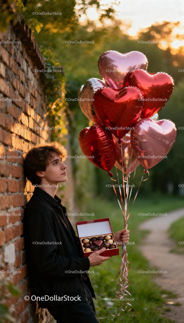 Young man with heart balloons and chocolates at sunset
