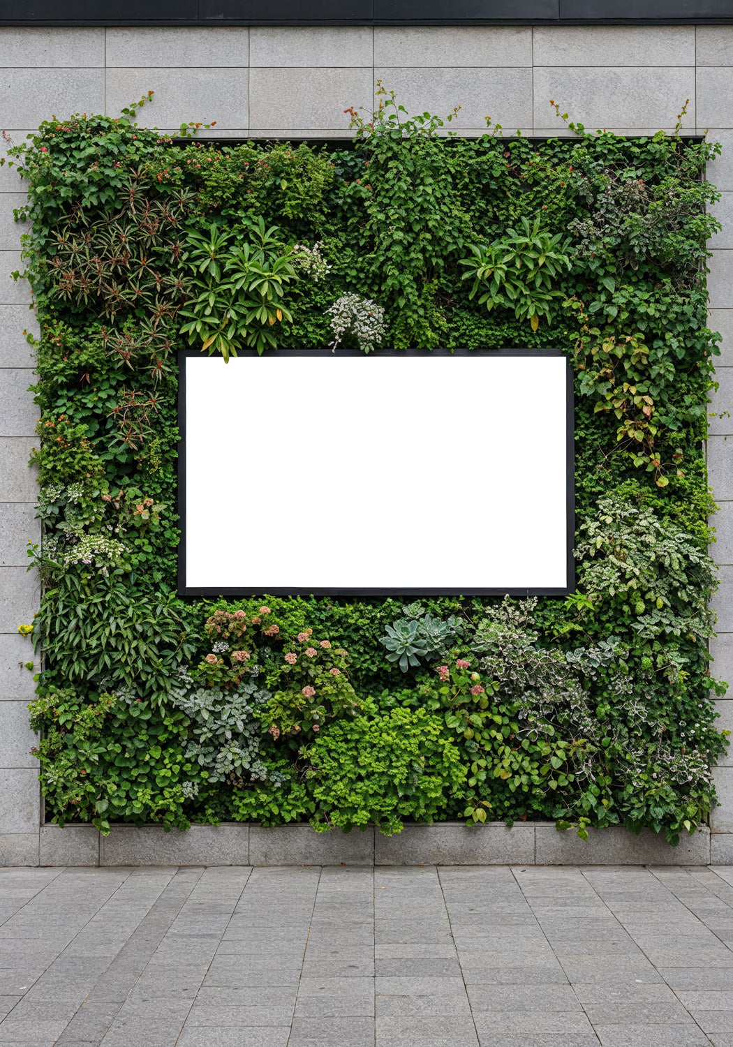 Blank White Billboard Framed by Vertical Garden on Wall