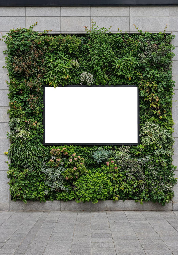 Blank White Billboard Framed by Vertical Garden on Wall JPG Mockup Image