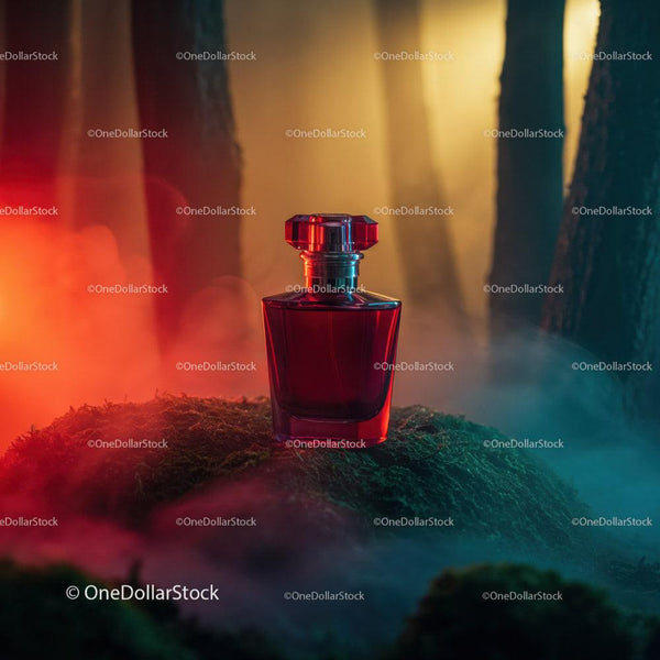 Elegant Red Perfume Bottle in Forest with Moody Lighting JPG Mockup Image