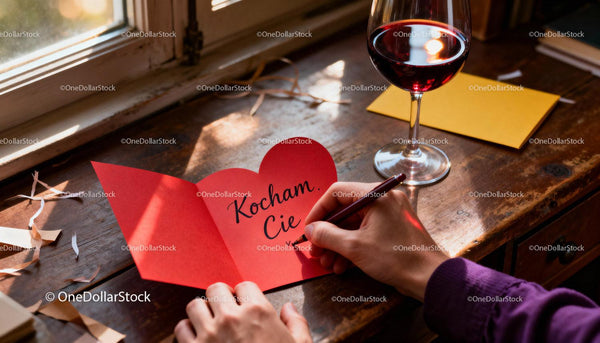 Person writing romantic Valentine card by window light