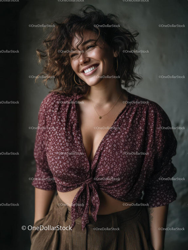 Smiling Woman with Curly Hair Wearing Casual Outfit and Jewelry