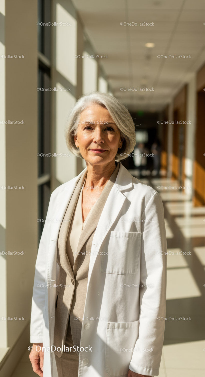 Elegancka starsza kobieta w białym fartuchu uśmiecha się na korytarzu szpitalnym