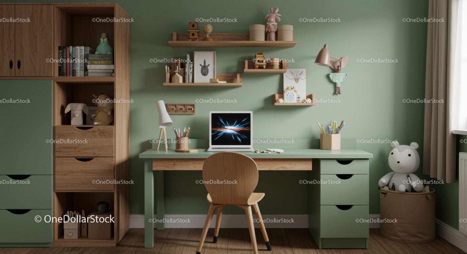 Kids Study Area With Green Walls and Wooden Shelves for Cozy Home Office