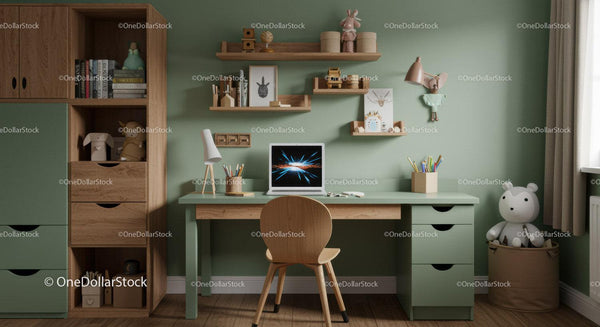 Kids Study Area With Green Walls and Wooden Shelves for Cozy Home Office