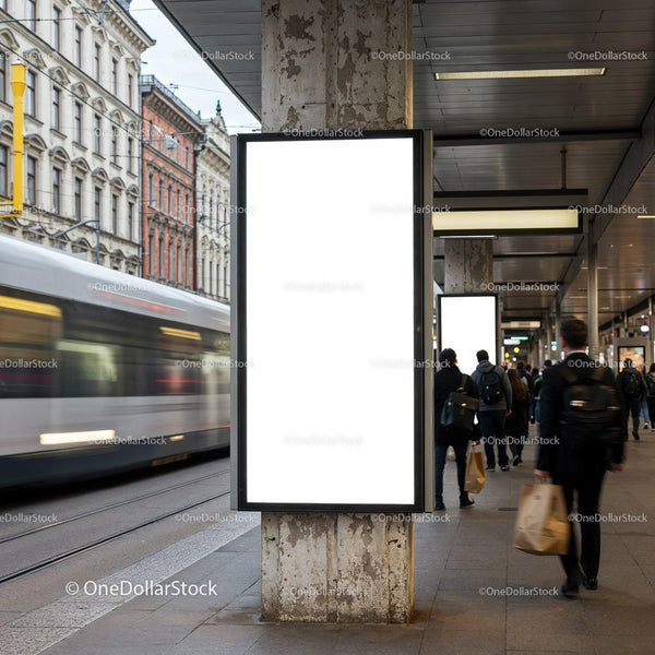 Commuters walking past illuminated blank city billboard JPG Mockup Image