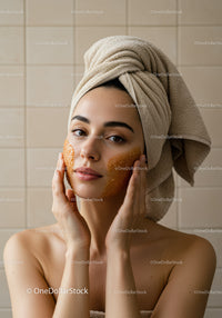 Relaxing Woman Applying Facial Mask with Towels Wrapped Hair