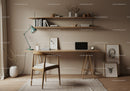 Minimalist home office with wooden furniture and soft light