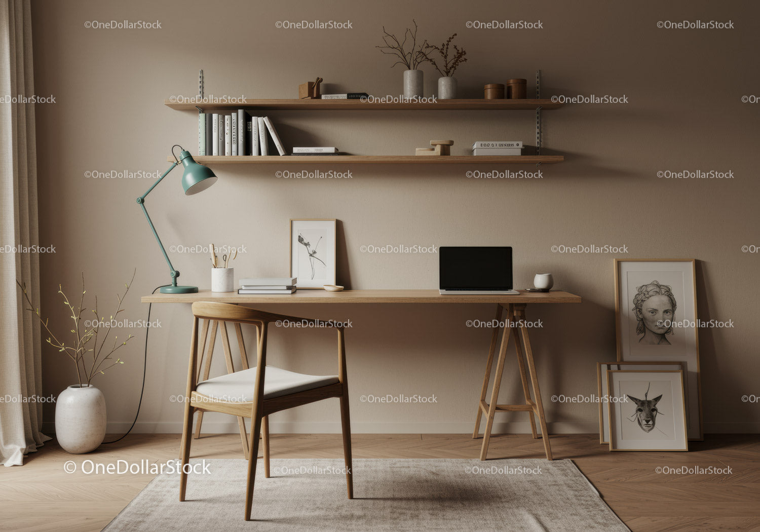 Minimalist home office with wooden furniture and soft light
