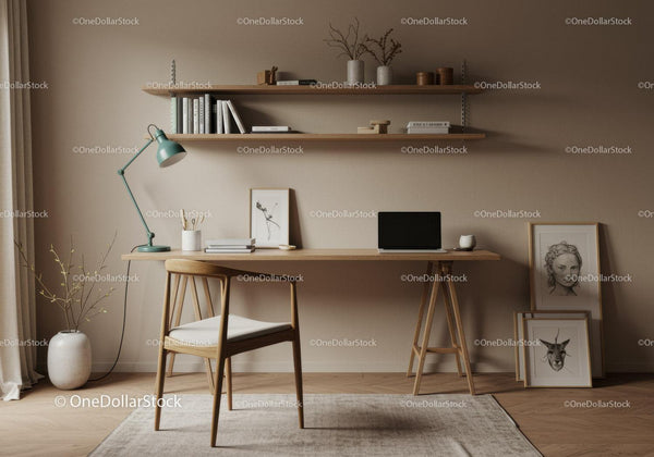 Minimalist home office with wooden furniture and soft light