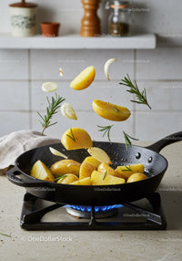 Cooking Sliced Potatoes with Garlic and Rosemary in Pan