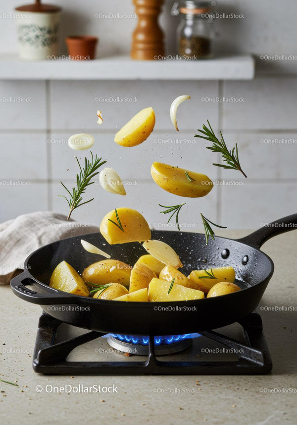 Cooking Sliced Potatoes with Garlic and Rosemary in Pan