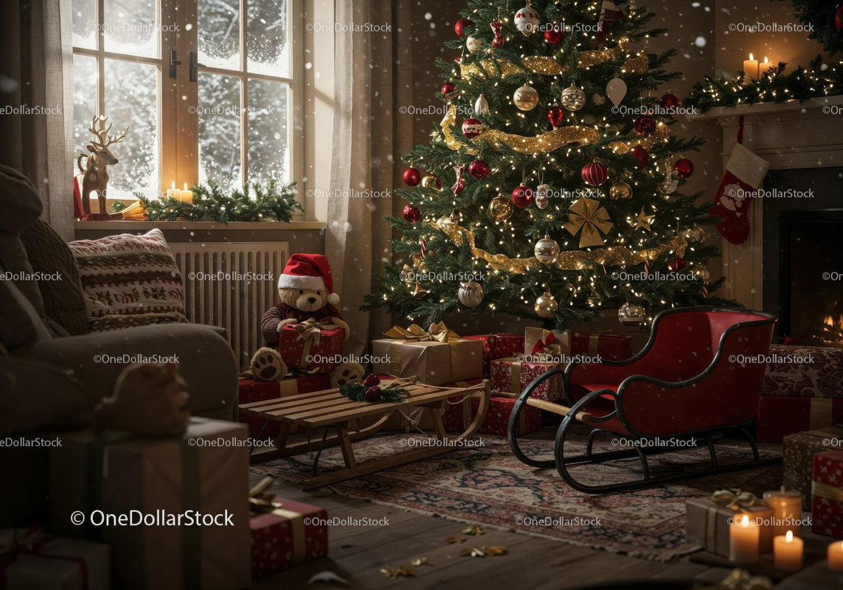 Cozy Living Room with Christmas Tree and Gifts