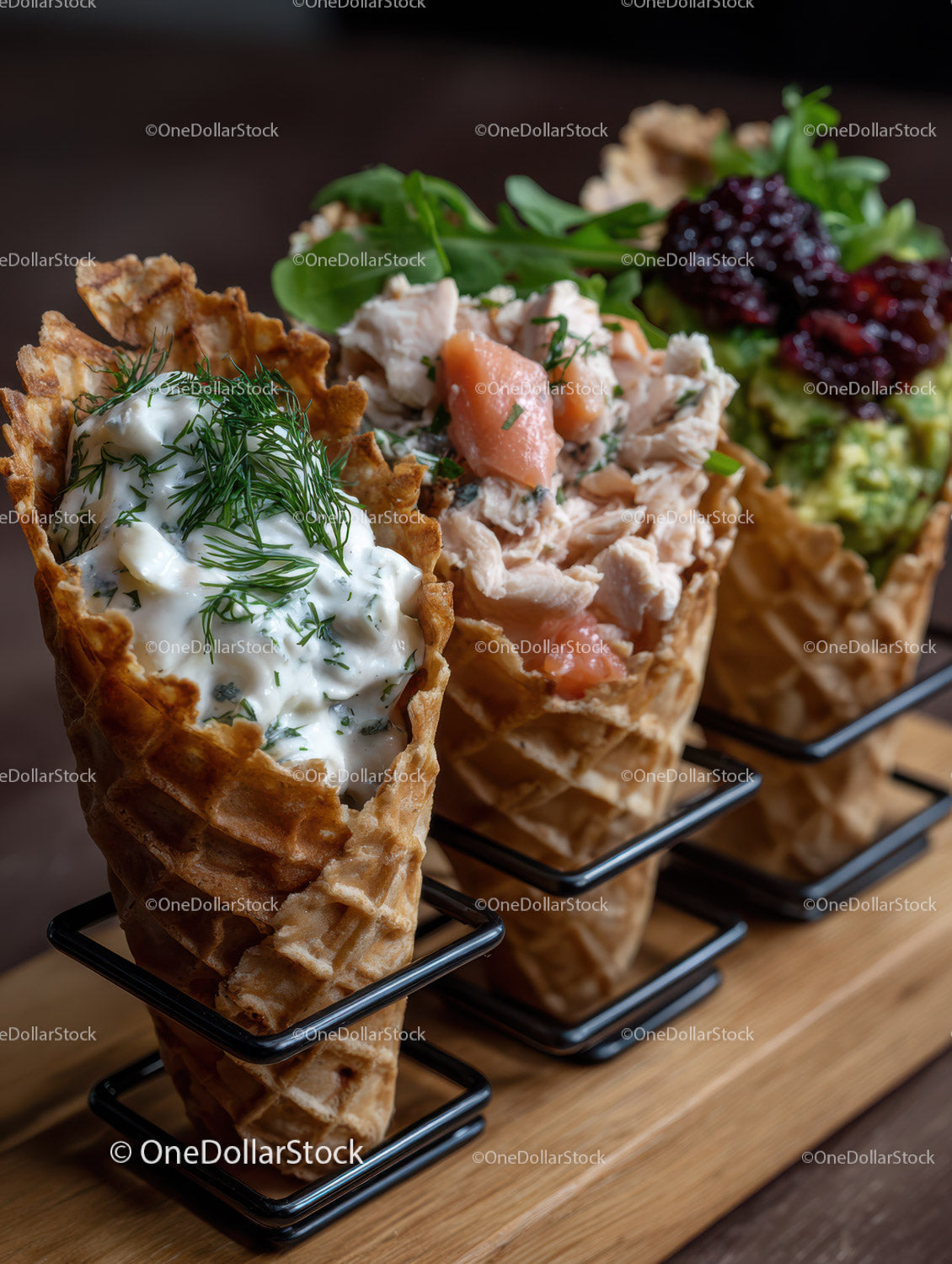 Crispy Waffle Cones Filled with Fresh Herb and Cheese Spreads