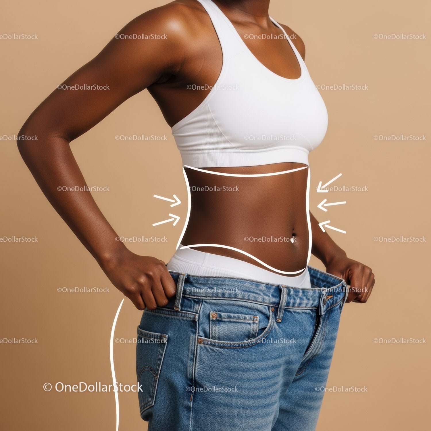 Focus on Waist Measurement and Body Silhouette of Woman in Casual Jeans