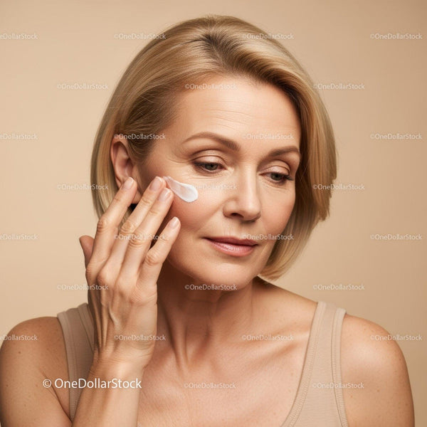 Elegant Mature Woman Applying Facial Moisturizer for Healthy Skin