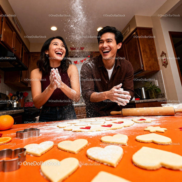 Couple Laughing Together While Baking Valentine's Cookies